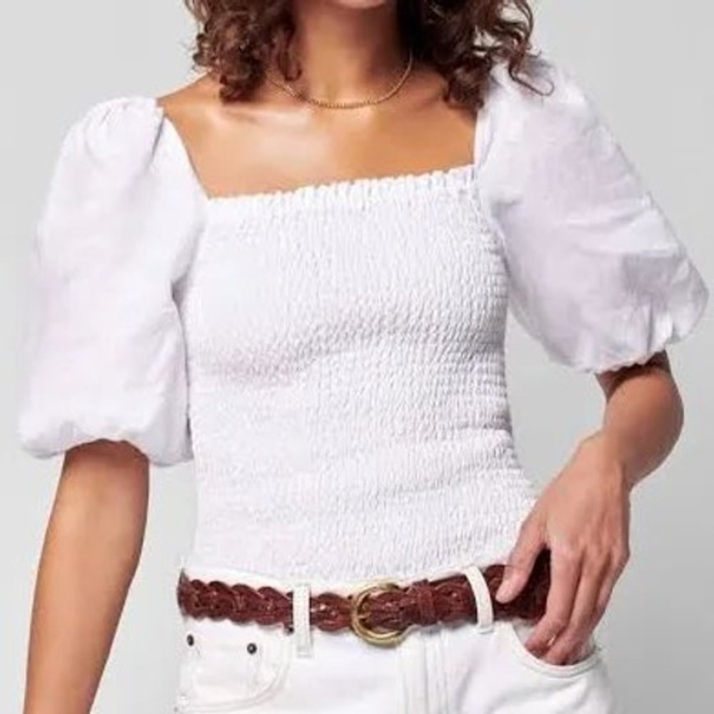 Faherty Women White Smocked Linen Puff Sleeve Top WTU2216 Oyster Small